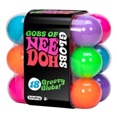 an assortment of neon colored balls in a black box with the words gobs of nerdy doh on it