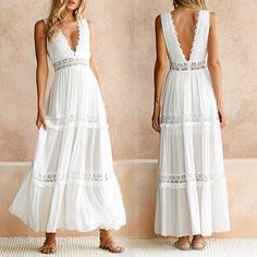 White Lace Dress Boho, White Lace Maxi Dress, Long Summer Dresses Maxi, White Lace Maxi, Chiffon Fashion, Bohemian Maxi Dress, Backless Maxi Dresses, Boho Lace, Maxi Robes