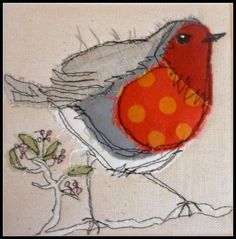 a red and gray bird sitting on top of a tree branch with orange polka dots