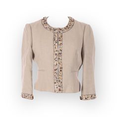 Bcbg Maxazria Gemma Raw Gems Crop Linen Jacket In Straw Size Medium Msrp $398 Immaculate Preloved Condition A Nubby Linen Jacket Is Magnificently Embellished With Sequins, Raw Stones And Gems At The Lapels And Cuffs. 3/4 Sleeves. Hidden Hook And Eye Closures. A Luxe Find You’ll Adore Approximate Measurements: Length: 19.5” Fabrication: 100% Linen Designer Fitted Embellished Outerwear, Tailored Embellished Spring Outerwear, Androgynous Streetwear, Luxury Baddie, Bubblegum Witch, Linen Jacket, Vintage Grunge, Find You, Raw Stone