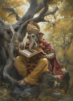 an elephant is reading a book next to a man sitting on a rock in the woods