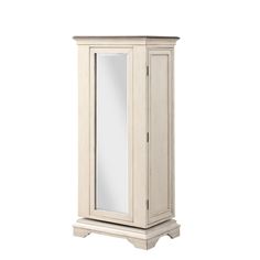 a tall white cabinet with a mirror on top