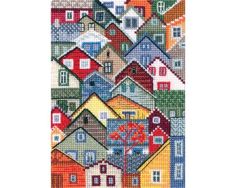 a cross stitch pattern with houses on it