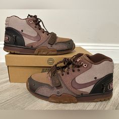 Selling: Men's Travis Scott X Nike Air Trainer 1 Sp 'Wheat' Light Chocolate / Rust Pink / Archaeo Brown Size 12 Shoes New W/ Box Style #: Dr7515-200 Shoes Are 100% Authentic And Brand New With Box. Box Is Slightly Damaged. Please Review Pictures For Box Condition. Retail: $140.00+ Tax $290.00 Buy It Now Nike Brown Basketball Shoes For Streetwear, Nike Brown Basketball Shoes With Rubber Sole, Nike Brown Basketball Shoes With Boost Midsole, Brown Mid-top Basketball Shoes For Streetwear, Nike Brown High-top Basketball Shoes, Nike Brown Basketball Shoes, Brown Leather Basketball Shoes With Round Toe, Brown Basketball Shoes With Cushioned Footbed For Streetwear, Brown Leather Lace-up Basketball Shoes