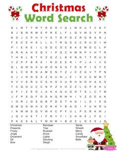 christmas word search with santa clause and presents on the tree in red, green and white