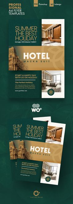 the hotel flyer is shown in three different colors