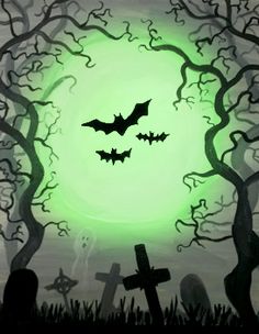 a cemetery with bats and tombstones in front of a full moon at halloween time