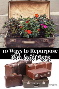 an old suitcase with flowers in it and the words 10 ways to repurpose old suitcases