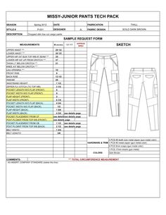 an image of the mis - junior pants tech pack with instructions for measurements and details