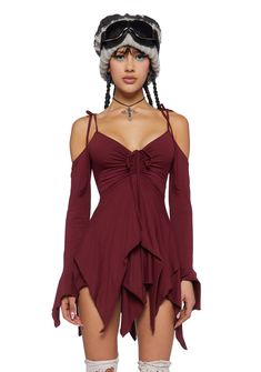 Current Mood Off The Shoulder Handkerchief Mini Dress - Burgundy Off-shoulder Mini Dress For Costume Party, Persephone Cosplay, Fae Outfit, Fairy Clothing, Fairycore Fashion, Red Fairy, Current Mood Clothing, Dark Red Dresses, Fairy Outfit