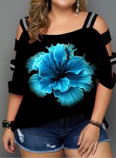 Print Floral Cold Shoulder 3/4 Sleeves Casual Plus Size T-shirts Casual 3/4 Sleeve Summer T-shirt, Casual Printed Tops With 3/4 Sleeve, Casual Printed Top With 3/4 Sleeves, Black Graphic Print Half Sleeve Top, Black Half Sleeve Tops For Summer, Black Half Sleeve Top With Graphic Print, Black Half Sleeve Summer Tops, Summer 3/4 Sleeve Tops With Graphic Print, Blue Half Sleeve T-shirt For Spring