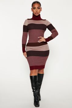 Long Sleeve Dress Outfit, Sweater Midi Dress, Turtle Neck Long Sleeve, Burgundy Midi Dress, Ibiza Outfits, Flattering Outfits, Gaun Fashion, Striped Sweater Dress, Sweater Dress Midi