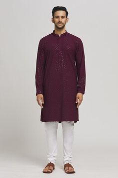 Dark maroon cotton kurta with mirror and thread embroidered geometric pattern. Comes with churidar. - Aza Fashions Eid Cotton Sherwani With Mirror Work, Chanderi Kurta With Mirror Work For Puja, Traditional Cotton Wear With Mirror Work For Eid, Diwali Kurta With Mirror Work For Puja, Eid Traditional Wear With Mirror Work In Cotton, Eid Traditional Cotton Wear With Mirror Work, Diwali Cotton Traditional Wear With Mirror Work, Cotton Sherwani With Gota Work For Festive Occasions, Festive Cotton Sherwani With Gota Work