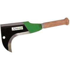 a green and black tool with a wooden handle