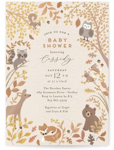 a baby shower with animals and leaves on it