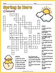 a crossword puzzle with the words spring is here and an image of a bird