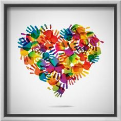 multicolored handprints in the shape of a heart on a gray background