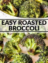 broccoli florets in a pan with the words easy roasted broccoli