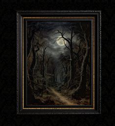 a painting of a forest with a road going through it and the moon in the sky