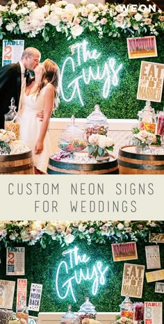 a couple kissing in front of a sign that says the groom and bride are getting married