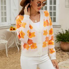 Floral Loose Knit Cardigan - Apricot,XL Casual V-neck Soft Knit Sweater Coat, Fitted Soft Knit Sweater For Spring, V-neck Soft Knit Sweater Coat For Spring, Fitted Casual Spring Sweater, White Soft Knit Casual Cardigan, Casual White Soft Knit Cardigan, White Casual Fall Cardigan, Casual White Fall Cardigan, Casual White Cardigan For Fall