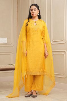 Mustard yellow cutwork kurta with floral resham, thread work, sequins, and beads embroidery. Paired with coordinating dupatta and pant. - Aza Fashions Beads Embroidery, Embroidery Floral, Thread Work, Cut Work, Pant Set, Set For Women, Aza Fashion, Mustard Yellow, Beaded Embroidery