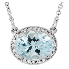 14KT White or Yellow Gold 1.70 CT Oval Aquamarine and .05 CTW Round Brilliant Diamond Necklace. 16.5" Cable Link Chain. Halo Necklace, Halo Pendant, Bow Jewelry, Gold Halo, Vintage Jewels, Jewelry Companies, Faceted Gemstones, 14kt Gold, Halo Diamond