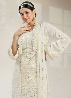 Shop Indian Clothes - Cream White Mirror Work Embroidery Jacket Style Palazzo Suit At Hatkay Fitted White Nehru Jacket With Mirror Work, Festive White Nehru Jacket With Mirror Work, Front Open Georgette Choli With Resham Embroidery, Front Open Resham Embroidered Georgette Choli, Bohemian Long Sleeve Georgette Sets, Eid Georgette Front Open Dupatta, Eid Front Open Georgette Dupatta, Traditional Front Open Choli With Intricate Embroidery, Traditional White Nehru Jacket With Mirror Work