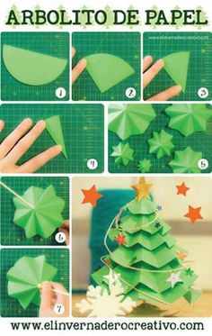 instructions for how to make an origami christmas tree with green paper and stars