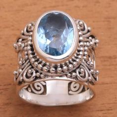 Blue Topaz and Sterling Silver Single Stone Ring from Bali - Glorious Vines | NOVICA Single Stone Ring, Blue Stone Ring, Topaz Color, Discount Jewelry, Single Stone, Silver Work, Topaz Stone, Blue Topaz Ring, Favorite Rings