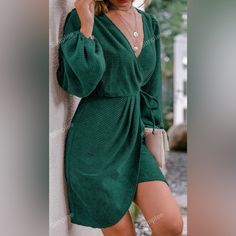 New With Tags! Super Cute, Figure Flattering, Lightweight Corduroy Dress Green V-neck Mini Dress For Fall, Casual Mini Dress With Surplice Neckline For Fall, Green V-neck Mini Dress For Winter, Green Surplice Neckline Dress For Fall, Corduroy Dress, V Neck Dress, Super Cute, V Neck, Womens Dresses