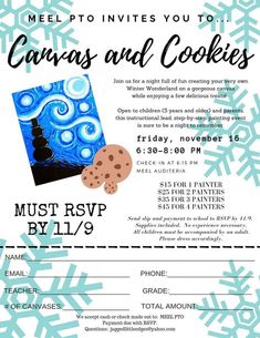 a flyer for an art event with snowflakes and cookies