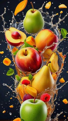 an apple, oranges and apples are falling into the water with splashing on them