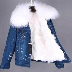 Women's Winter Casual Slim Denim Parka With Raccoon Fur | ZORKET Winter Blue Jeans With Button Closure, Winter Button Closure Denim Jeans, Winter Jeans With Button Closure, Winter Jeans In Denim Blue With Button Closure, Trendy White Winter Jeans, White Jeans With Pockets For Winter, Denim Parka, Denim Jacket With Fur, Denim Jacket Winter