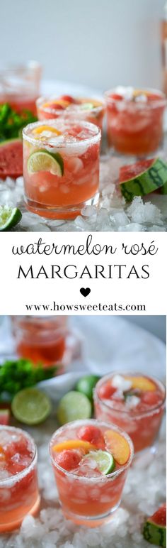 watermelon rose margaritas with lime and cucumber garnish on the rim