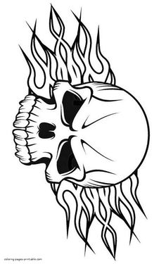 a black and white drawing of a skull with flames on it's head, in the shape of a flame