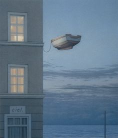 a painting of a boat floating in the air near a building with two windows and a sign that says ciel