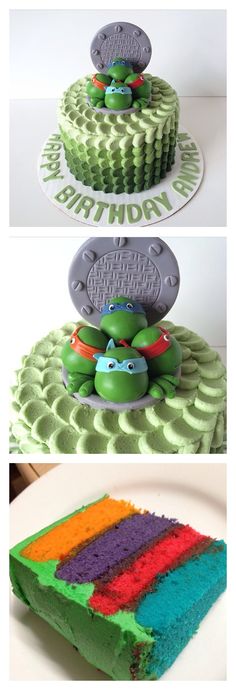 there are three different cakes on the same platter and one is made to look like teenage mutant turtles