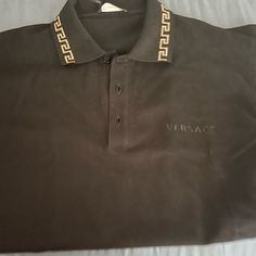 100% Authentic Versace Polo Shirt For Men Size Large Nwt Black Luxury Black Top With Logo Print, Designer Black Shirt With Logo Print, Luxury Black Collared Shirt, Luxury Black Cotton Shirt, Versace Polo Shirt, Versace Polo, Versace, Polo Shirt, Mens Shirts