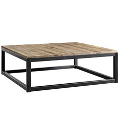 a square wooden table with black metal frame and wood top, against a white background