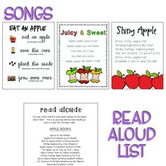 four books about apples with the words, read alouds and song list