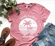 "Family Vacation Shirt, Summer Shirts, Family Matching Shirt, Summer Vacation Tshirts, Beach Shirts, Summer Family Matching Shirt HOW TO ORDER Please, check and review all photos Choose your custom text, font option, and text color. Choose your size from the drop-down menu and add each shirt to your cart one at a time. Click add to cart. You can go back to add more product Click \"Proceed to check out\" When you check out, you can add a note to the seller for any request Youth, toddler unisex ad Casual Short Sleeve Tops For Family Vacation, Summer Cotton Top For Family Vacation, Family Matching Cotton Tops For Beach Season, Summer Cotton Tops For Family Vacation, Casual Summer Shirt For Family Vacation, Summer Family Vacation Shirt With Short Sleeves, Summer Letter Print Top For Family Vacation, Pink Letter Print Shirt For Vacation, Short Sleeve Shirt For Family Vacation