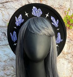 "Welcome to Witchwood's brand new hat line! These wide brim hats are made of sturdy vegan felt and are all hand printed.   Vegan Felt Size: 22.5\" (but size is adjustable and can be sized down, inside the hat) Brim - 2.5\" wide Hat Color - Black Print Color - White/Lavender" Adjustable Purple Felt Hat With Short Brim, Adjustable Purple Felt Hat With Flat Brim, Adjustable Flat Brim Purple Felt Hat, Purple Adjustable Flat Brim Felt Hat, Purple Hat For Festivals, Purple Festival Hat, One Size, Purple One Size Fits Most Festival Hat, Witchy Short Brim Hat With Adjustable Fit, Adjustable Lavender Hat With Curved Brim