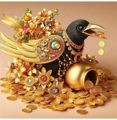 a bird sitting on top of a pile of gold coins next to a vase filled with flowers