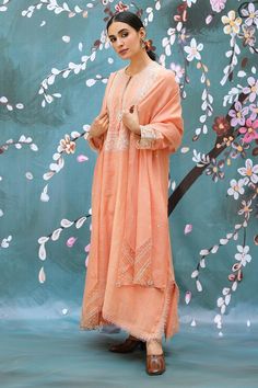 Buy Niti Bothra Peach Chanderi Silk Floral Embroidered Kurta And Palazzo Set Online | Aza Fashions Kurta And Palazzo, Resham Work, Types Of Work, Palazzo Set, Embroidered Silk, Set For Women, Aza Fashion, Full Sleeve, Long Sleeve Dress