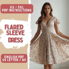 a woman in a floral dress with the text, flared sleeve dress english pdf us