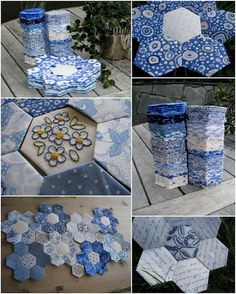 blue and white hexagons are arranged on the ground with flowers in them