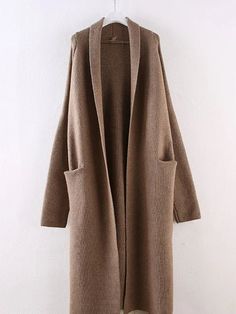 Fabric: Knitted, Acrylic Fiber Solid Open Knit Cardigan, Winter Fine Knit Solid Color Outerwear, Winter Solid Color Fine Knit Outerwear, Solid Fine Knit Winter Outerwear, Fine Knit Winter Outerwear, Cozy Fine Knit Outerwear, Knit Sweater Coat For Work, Brown Long Sleeve Open Knit Outerwear, Solid Open Knit Sweater For Fall