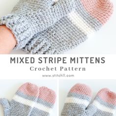 crochet mittens with text that says mixed stripe mittens