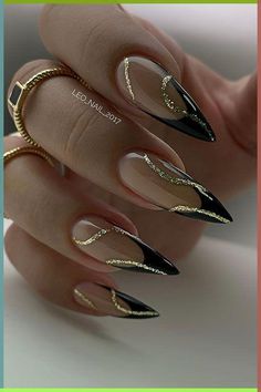 Nails To Go With Black Outfit, Black French With Gold Nails, Black French Tip Nails Almond With Gold, French Black Nail Designs, Gorgeous Almond Nails, Gel X Black French Tip, Gold Black French Nails, Black Art Deco Nails, Wedding Nails Black And Gold